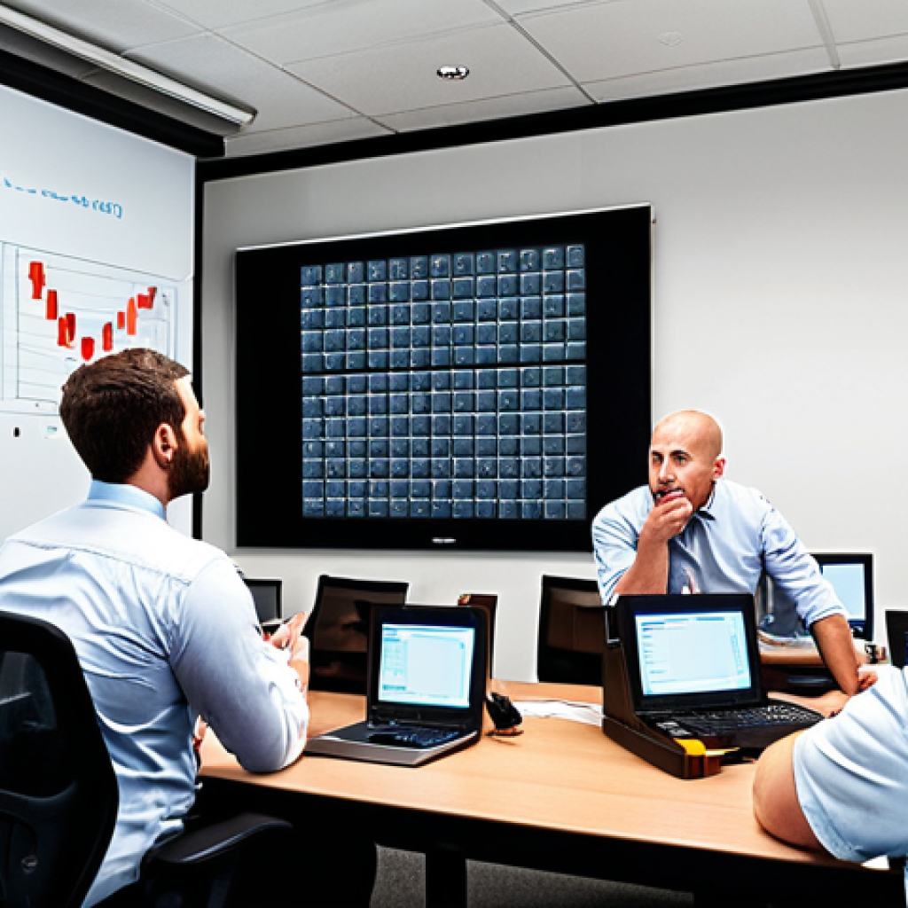 **A team of IT professionals in a modern office, conducting a simulated incident response exercise on their computers, with a whiteboard displaying a threat assessment matrix in the background. The atmosphere is focused and collaborative.** (This visualizes the risk assessment and incident response team building aspects).