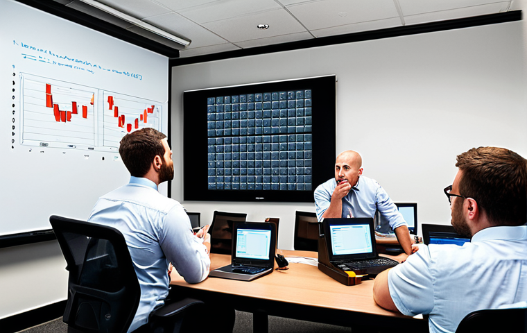 **A team of IT professionals in a modern office, conducting a simulated incident response exercise on their computers, with a whiteboard displaying a threat assessment matrix in the background. The atmosphere is focused and collaborative.** (This visualizes the risk assessment and incident response team building aspects).