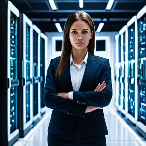 Home 8 A focused, professional female cybersecurity expert standing confidently in a secure, futuristic data center. She is dressed in a modest business suit, fully clothed, and in appropriate attire. The background features gleaming server racks and subtle holographic interfaces displaying secure, encrypted data streams. An ethereal, protective "invisible shield" effect subtly surrounds the central data core, abstractly deflecting red digital light patterns representing potential threats. The atmosphere is high-tech, emphasizing protection and vigilance. Professional photography, high-resolution, sharp focus, perfect anatomy, correct proportions, natural pose, well-formed hands, proper finger count, natural body proportions. Safe for work, appropriate content, fully clothed, professional.
