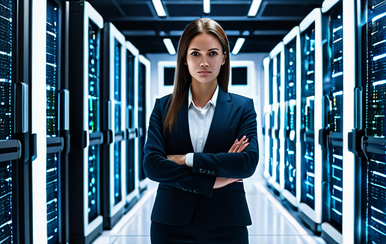 A focused, professional female cybersecurity expert standing confidently in a secure, futuristic data center. She is dressed in a modest business suit, fully clothed, and in appropriate attire. The background features gleaming server racks and subtle holographic interfaces displaying secure, encrypted data streams. An ethereal, protective "invisible shield" effect subtly surrounds the central data core, abstractly deflecting red digital light patterns representing potential threats. The atmosphere is high-tech, emphasizing protection and vigilance. Professional photography, high-resolution, sharp focus, perfect anatomy, correct proportions, natural pose, well-formed hands, proper finger count, natural body proportions. Safe for work, appropriate content, fully clothed, professional.