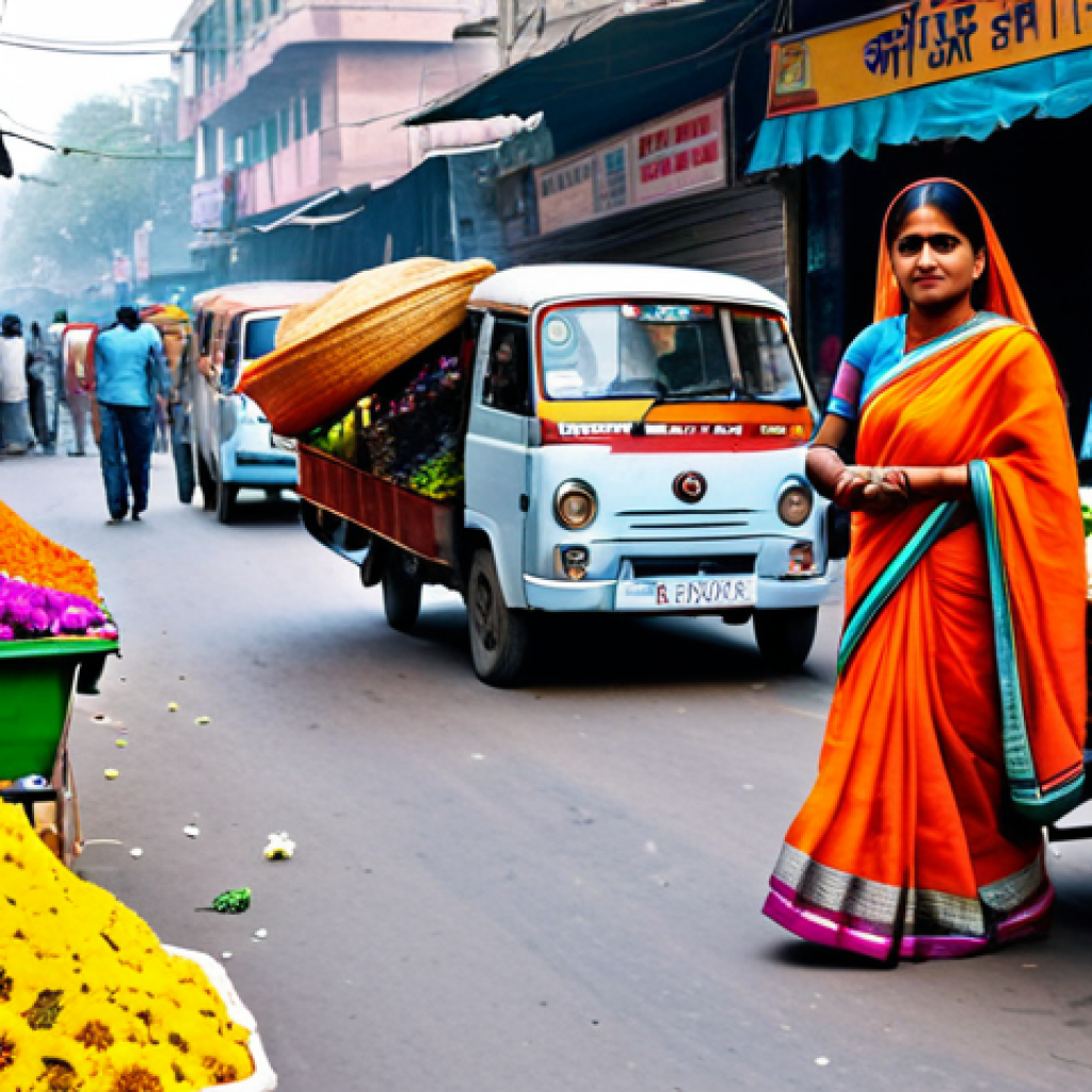 정보보안학 보안 체계 구축 - A bustling Delhi street scene, full of vibrant colors, with a woman in a sari buying flowers from a ...