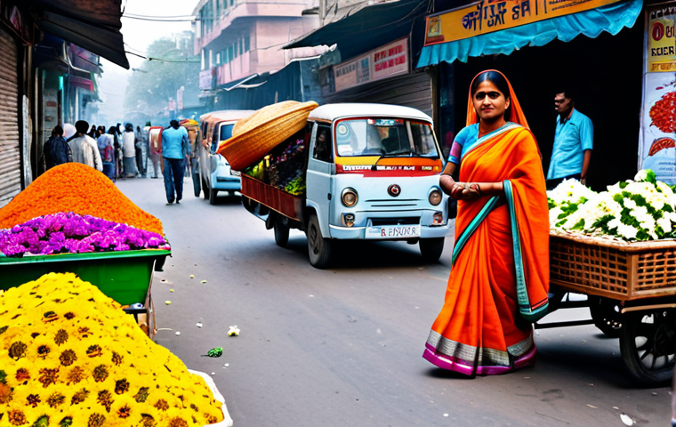정보보안학 보안 체계 구축 - A bustling Delhi street scene, full of vibrant colors, with a woman in a sari buying flowers from a ...