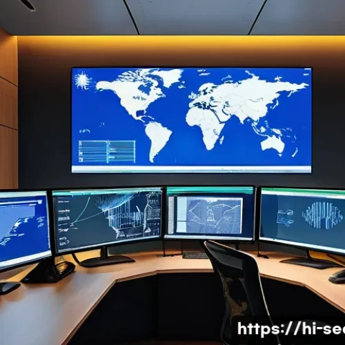 정보보안학 맬웨어 분석 - A detailed digital illustration of a sophisticated cybersecurity control room focused on malware ana...