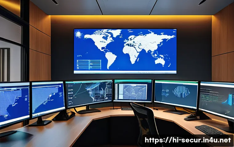 정보보안학 맬웨어 분석 - A detailed digital illustration of a sophisticated cybersecurity control room focused on malware ana...