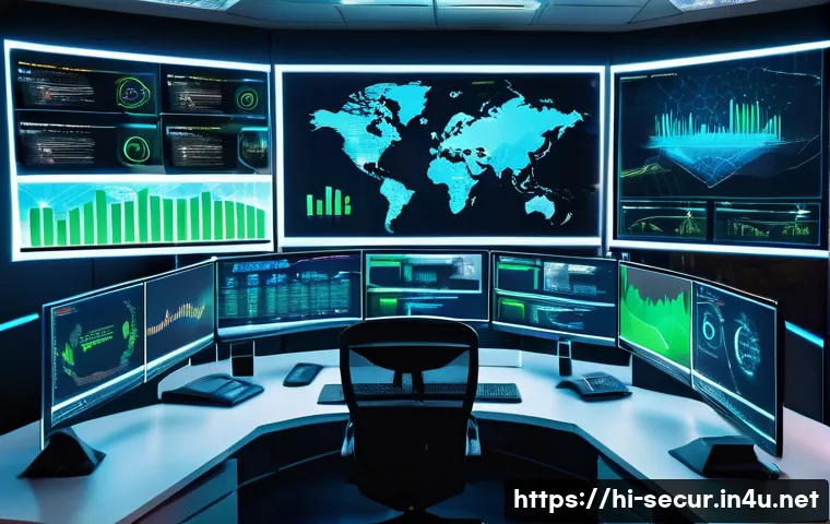 정보보안학 보안 시스템 점검 - A detailed digital illustration of a modern office cybersecurity control room with multiple large sc...