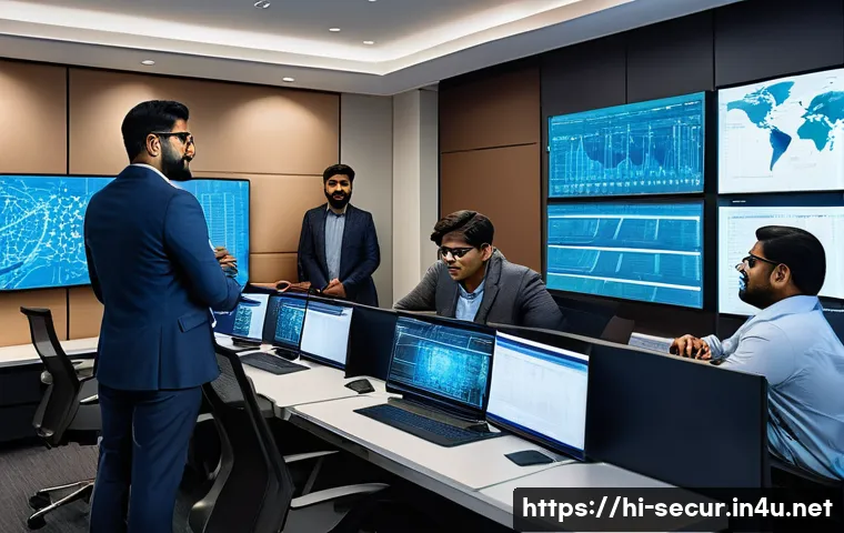 정보보안학 보안 보고서 작성 - A professional office environment showing a diverse team of Indian cybersecurity experts actively en...
