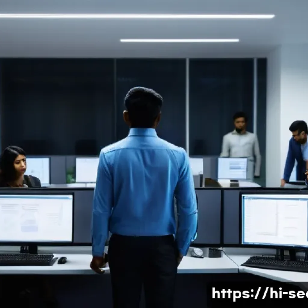 정보보안학 보안 패치 관리 - A modern office environment featuring a diverse Indian cybersecurity team actively scanning and iden...