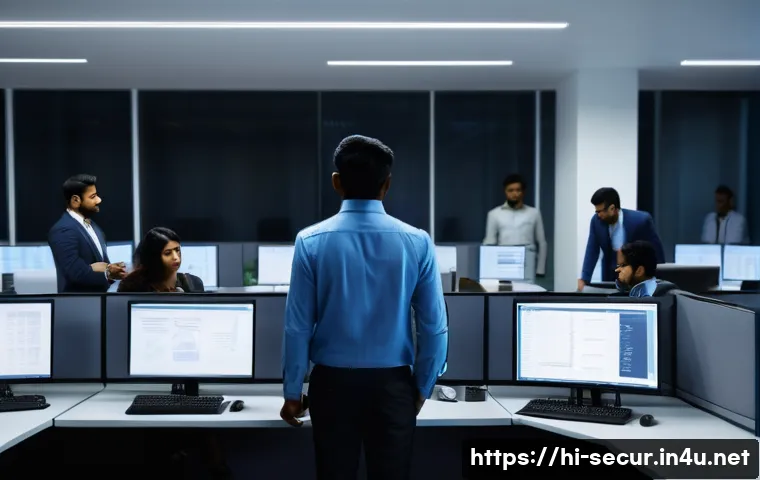 정보보안학 보안 패치 관리 - A modern office environment featuring a diverse Indian cybersecurity team actively scanning and iden...