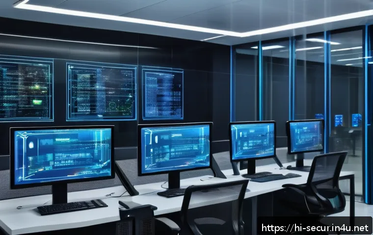 정보보안학 보안 리스크 분석 - A futuristic office environment showcasing advanced cloud security measures: a diverse team of India...