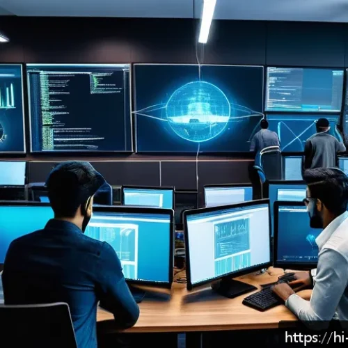 정보보안학 해커톤 참여 - A dynamic scene of a diverse team of cybersecurity professionals collaborating intensely in a modern...