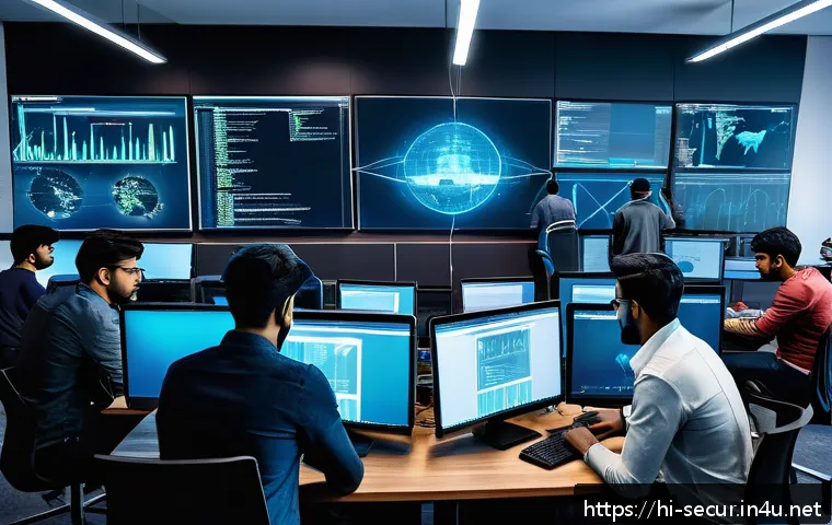 정보보안학 해커톤 참여 - A dynamic scene of a diverse team of cybersecurity professionals collaborating intensely in a modern...