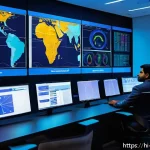 정보보안학 네트워크 세분화 - A modern office network control room featuring multiple large digital screens displaying segmented n...