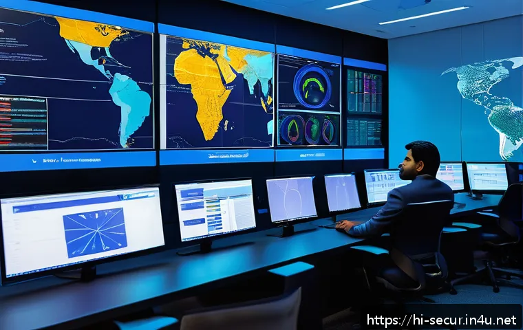 정보보안학 네트워크 세분화 - A modern office network control room featuring multiple large digital screens displaying segmented n...